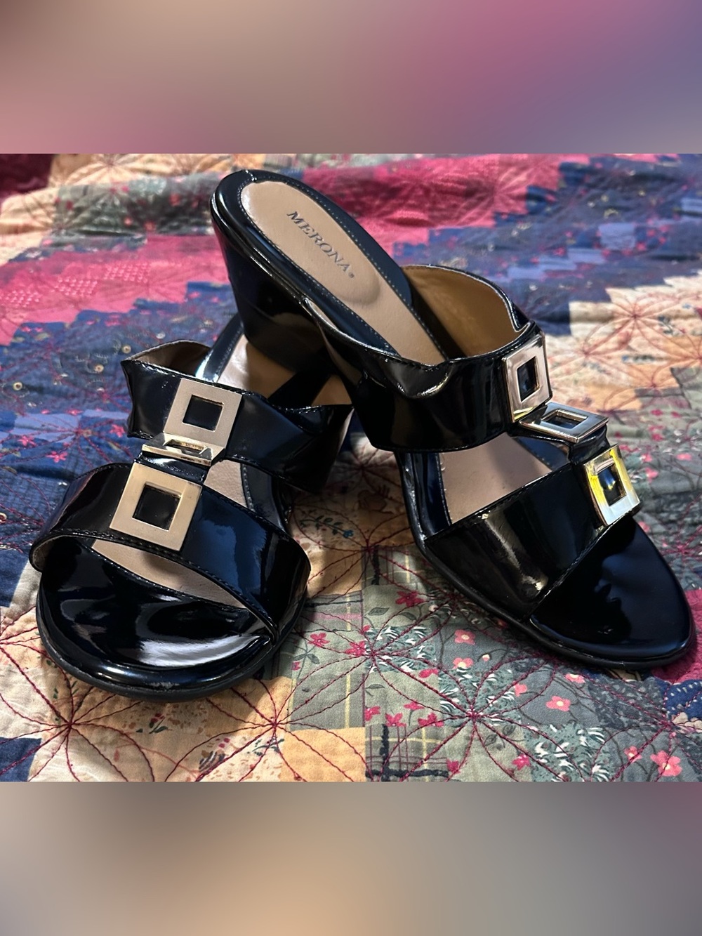 Merona Black Patent Slide Mules Sandals with Square Buckle